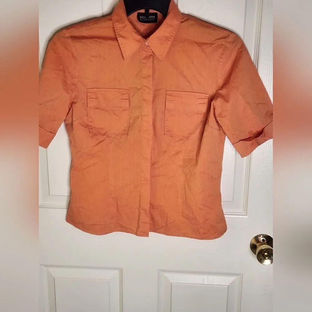 New York & Company M Orange Cotton Blend Shrtslvs Pockets Buttons Up Women Shirt